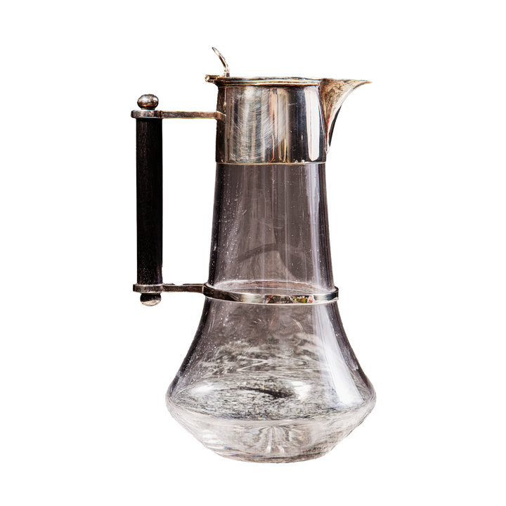 Glass and silver plated claret jug by Collection TH30 with pear-shaped body and hinged lid, designed by Dr Christopher Dresser