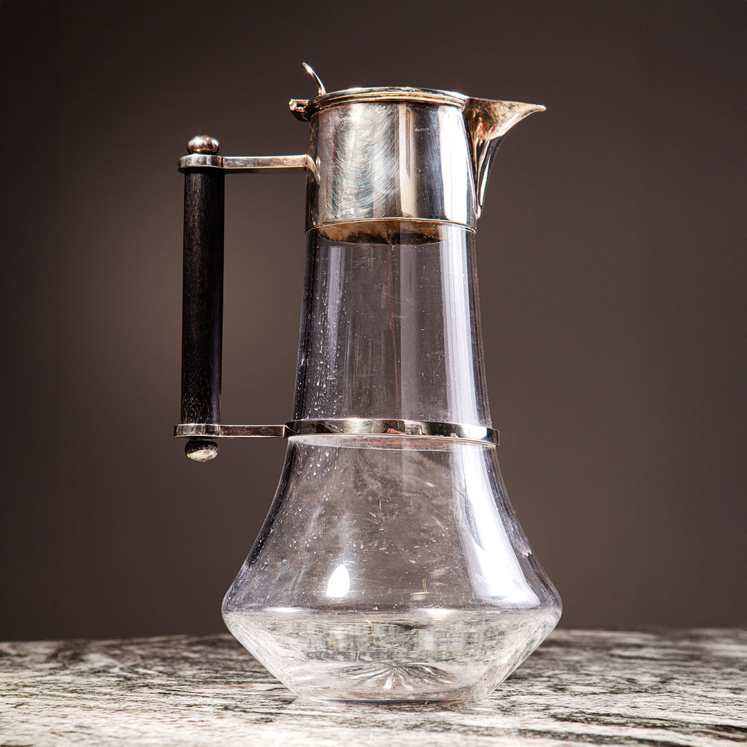 Glass and silver plated claret jug with wooden handle by Collection TH30, elegant design by Dr Christopher Dresser