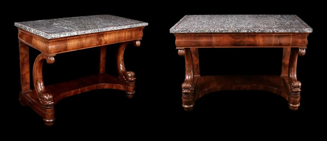 Italian Napoleonite & Figured Walnut Stylised Dolphin Console Tables with rare Corsican orbicular diorite tops, circa 1820.