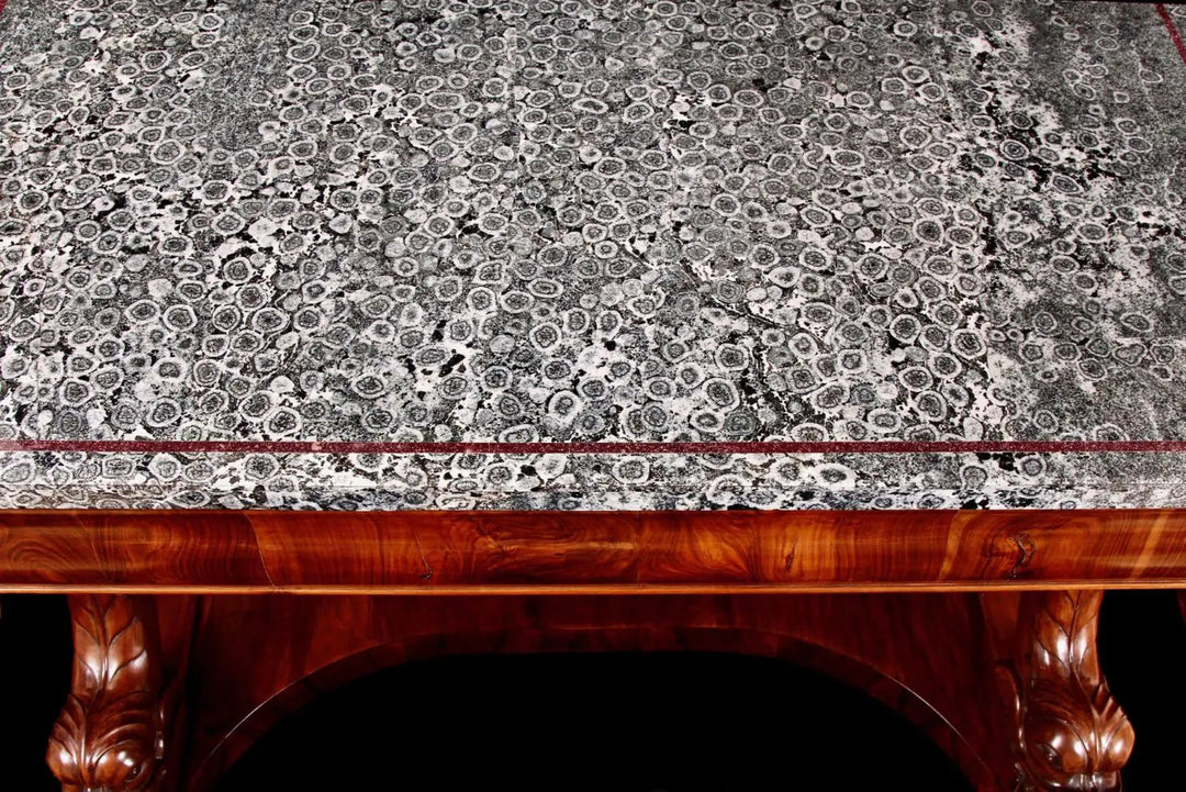 Italian Napoleonite & Figured Walnut Stylised Dolphin Console Tables with rare Corsican orbicular diorite tops and carved walnut dolphins.