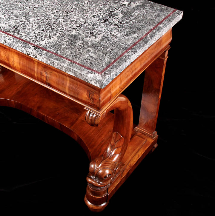 Italian Napoleonite & Figured Walnut Stylised Dolphin Console Tables with rare orbicular diorite tops and carved dolphin legs.