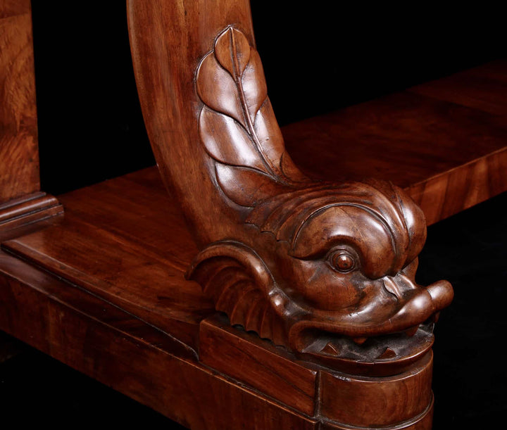 Italian Napoleonite & Figured Walnut Stylised Dolphin Console Tables carved dolphin detail in rich walnut wood.
