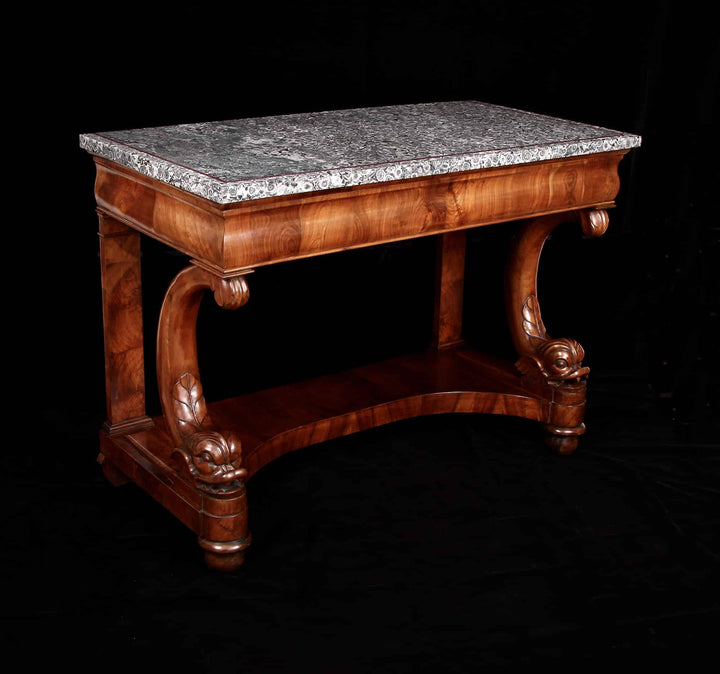 Italian Napoleonite & Figured Walnut Stylised Dolphin Console Tables with rare Corsican marble top and carved dolphin legs.