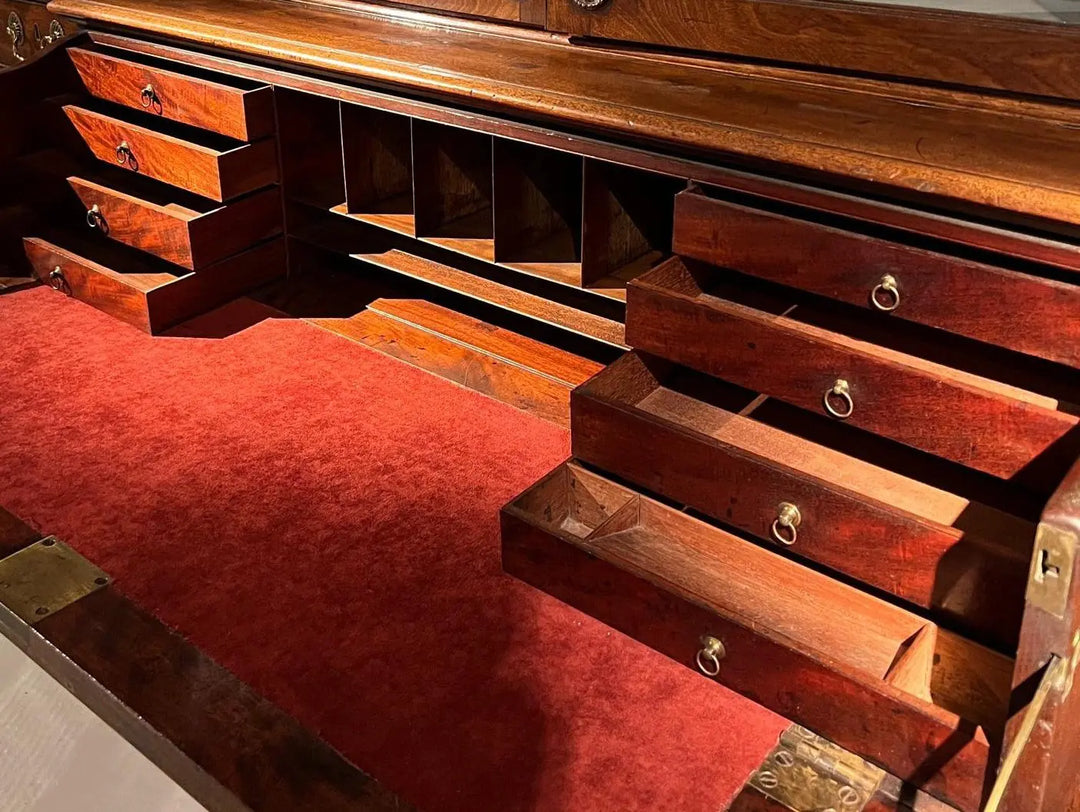 Ince and Mayhew George III Secretaire Breakfront Bookcase open fall front with multiple mahogany drawers and compartments