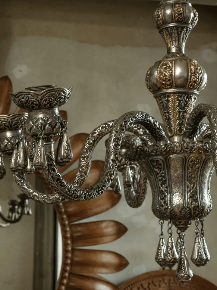 Repoussé Silver Six Arm Indian Chandelier