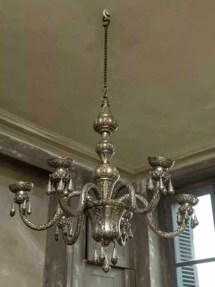 Repoussé Silver Six Arm Indian Chandelier