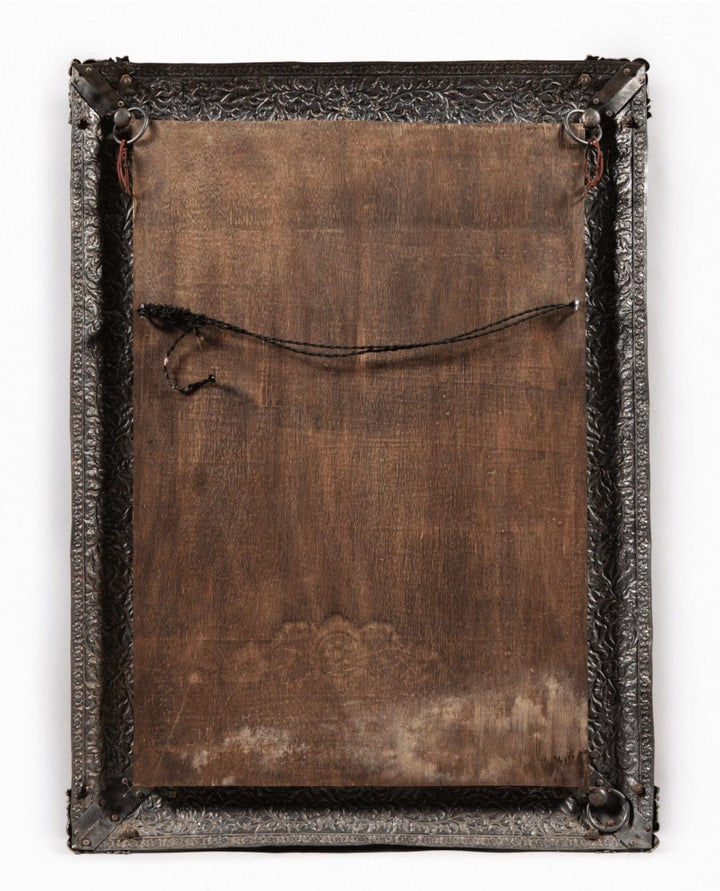 19th Century North Indian Mughal Kutch Repoussé Silver Mirror with intricate solid silver repoussé frame back view