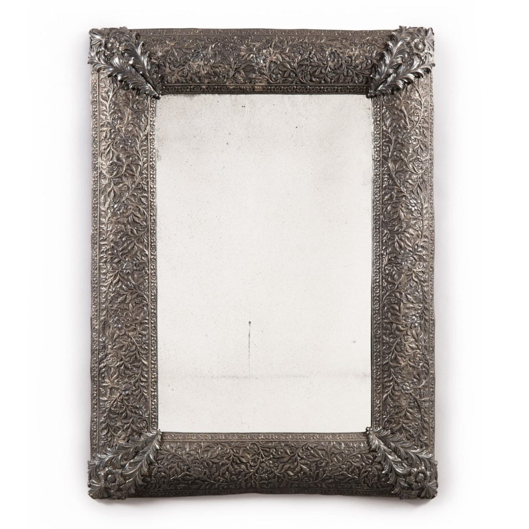 19th Century North Indian Mughal Kutch Repoussé Silver Mirror with intricate solid silver embossed floral frame circa 1850