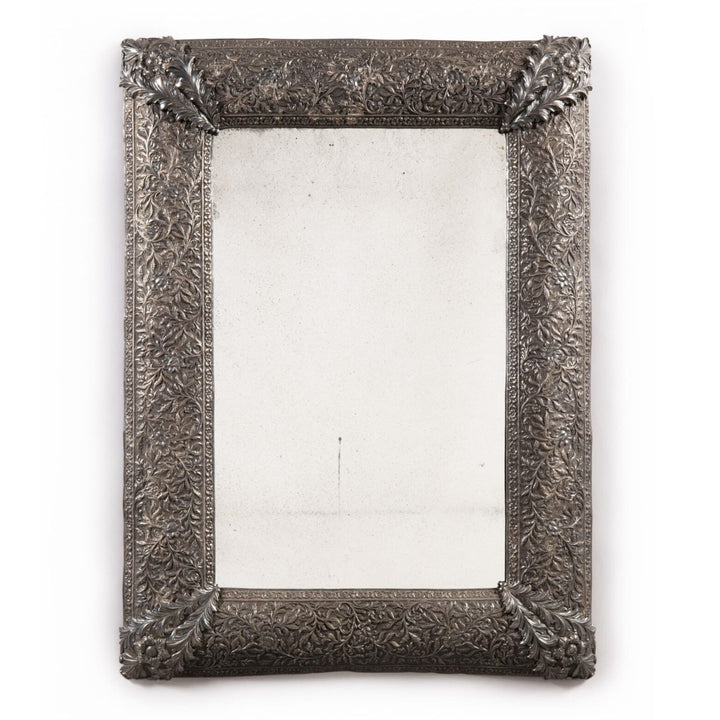 19th Century North Indian Mughal Kutch Repoussé Silver Mirror with intricate solid silver embossed floral frame circa 1850
