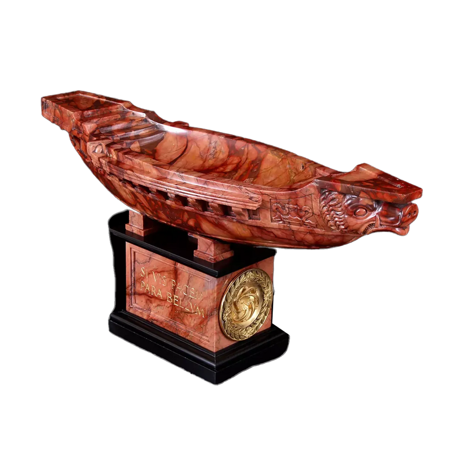 Grand Tour Breche Sanguine & Gilt Bronze Mounted Navicella, rare 19th-century marble Roman galley sculpture with gilded mounts.