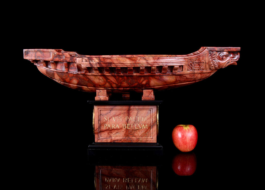 Grand Tour Breche Sanguine & Gilt Bronze Mounted Navicella marble sculpture of Roman galley with gilt bronze mounts.