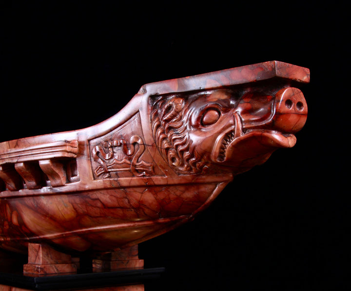 Grand Tour Breche Sanguine & Gilt Bronze Mounted Navicella, rare 19th-century red marble Roman galley sculpture with boar’s head prow.