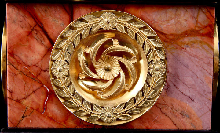 Grand Tour Breche Sanguine & Gilt Bronze Mounted Navicella with intricate gilded floral bronze medallion on marble base.