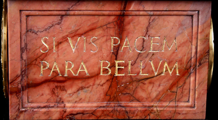 Grand Tour Breche Sanguine & Gilt Bronze Mounted Navicella showing gilded Latin inscription on red marble plaque.