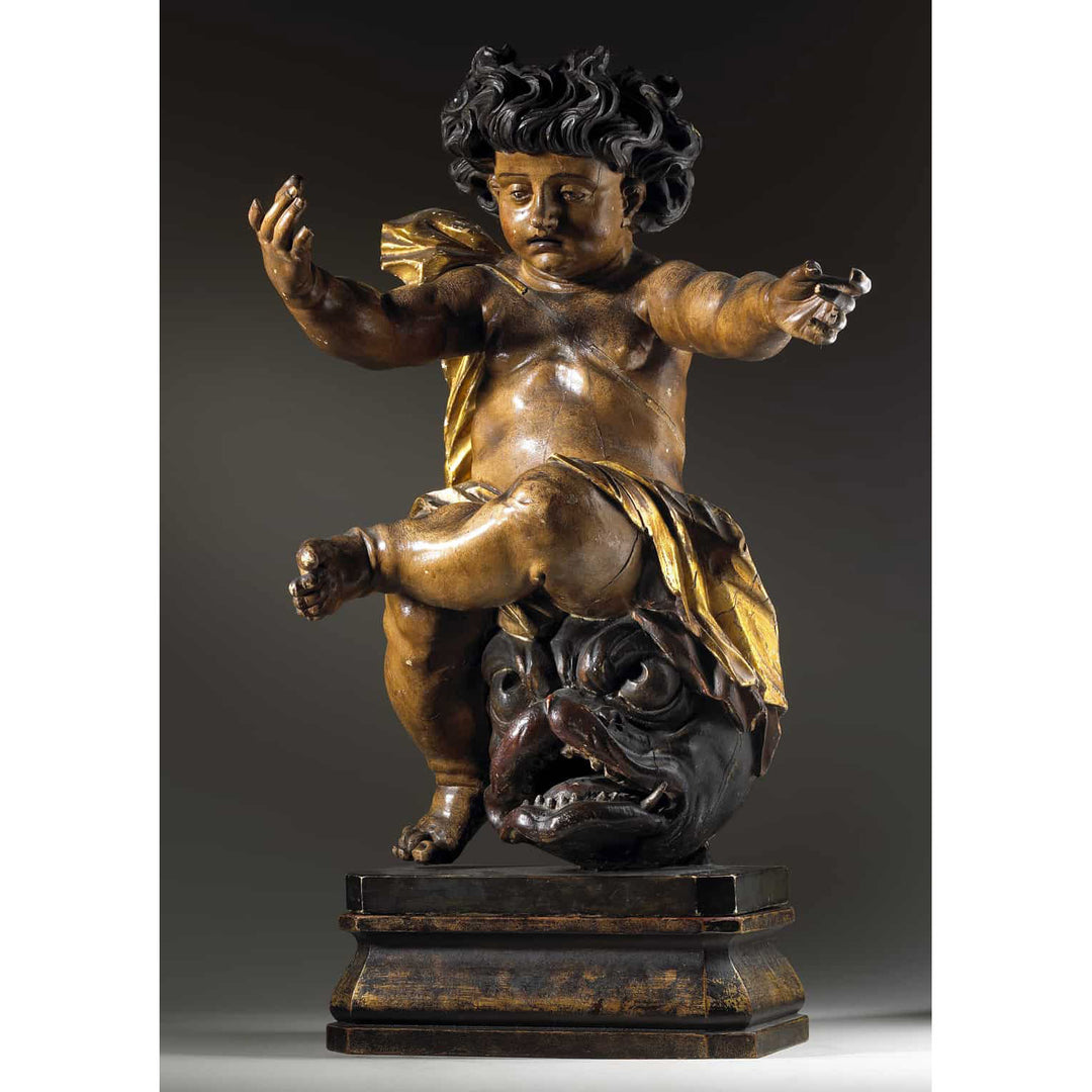 Pair of 17th Century North European Baroque Cherubs carved wooden painted cherub on ornate base circa 1640