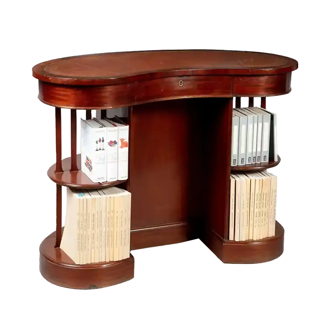 A very unusual Edwardian mahogany skeleton kidney desk with open tiered sides and original leather top.