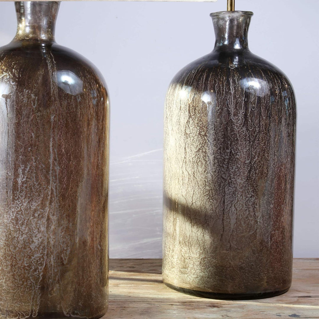 Large pair of decorative Eglomise Glass Jars at table lamps