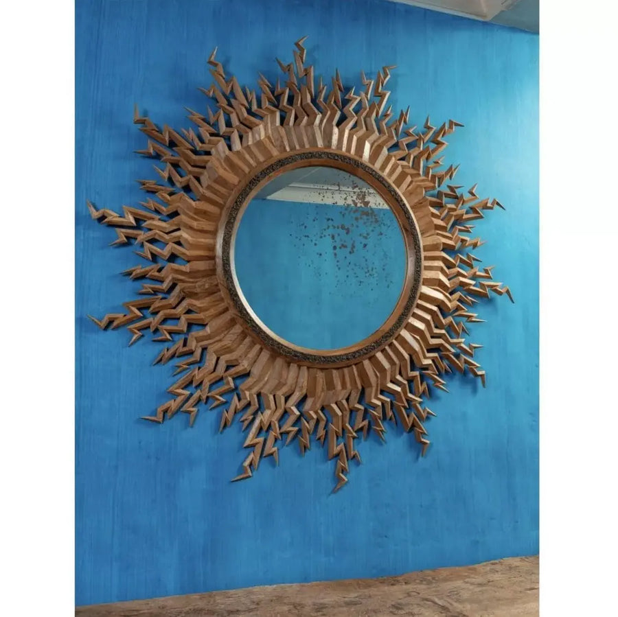 Zeus Mirror large round carved mirror with lightning bolt design and antique sanded border by Andrew Allfree