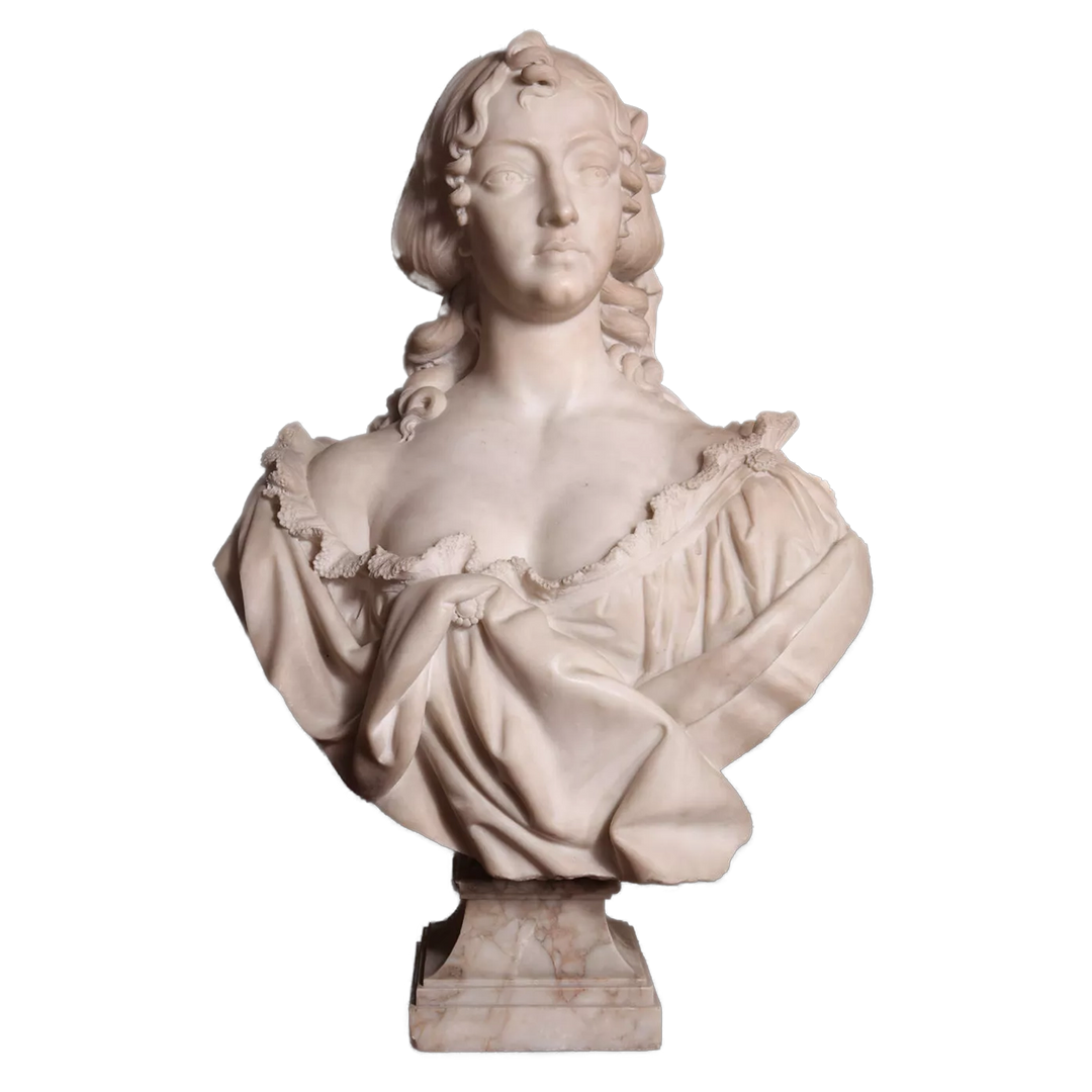 Napoleon III Marble Bust of a Lady carved in Carrara marble, elegant 19th-century portrait sculpture, France circa 1880.