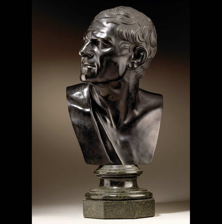 Bronze Bust of Lysimachus Grand Tour depicts the ancient ruler with detailed features and textured hair on a pedestal base.