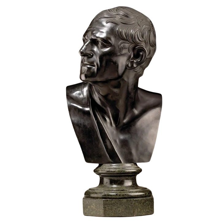 Bronze Bust of Lysimachus Grand Tour depicting a detailed antique sculpture on a round base from circa 1800.