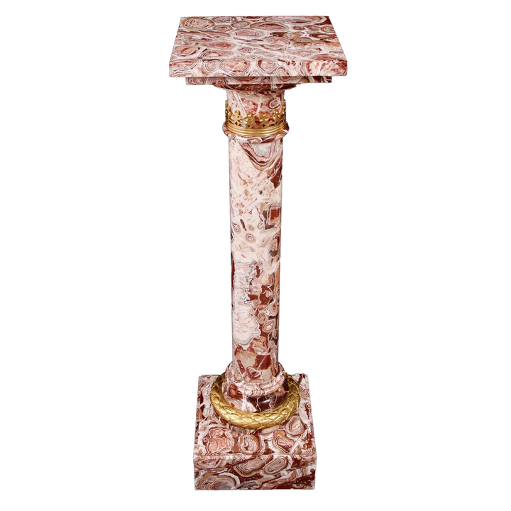 Alabastro Stalactite Gilt Bronze Mounted Pedestal Column in reddish marble with gold bronze detailing for display use.