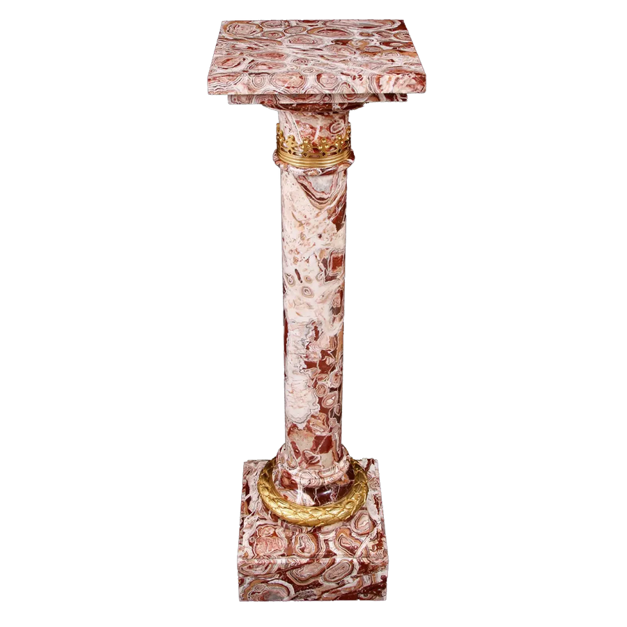 Alabastro Stalactite Gilt Bronze Mounted Pedestal Column in reddish marble with gold bronze detailing for display use.