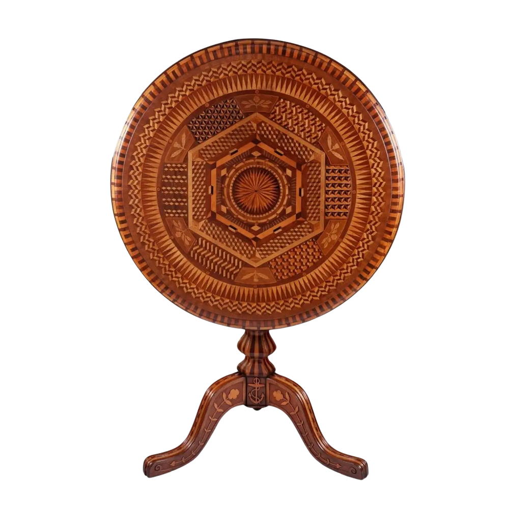 Jamaican Tilt Top Centre Table In the Manner of Ralph Turnbull with intricate parquetry and cultural inlay designs.