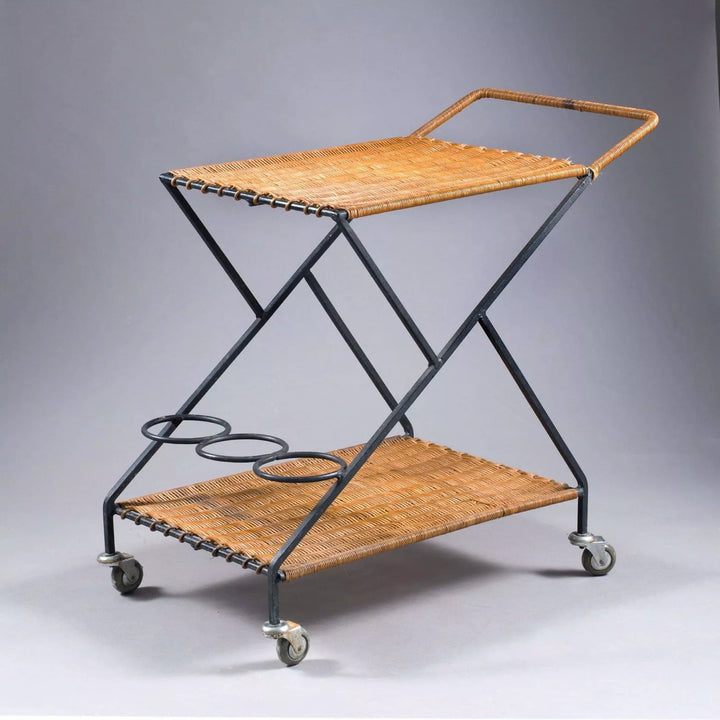 Mid Century Rattan and wrought Iron Drinks Trolley