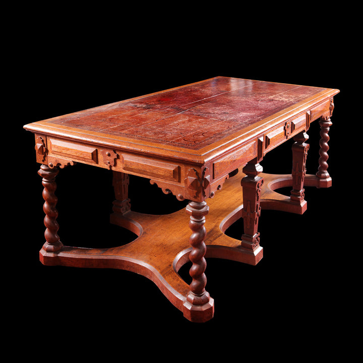 Richard Bridgens Partners Desk oak with original tooled leather top and barley twist legs circa 1820 England.