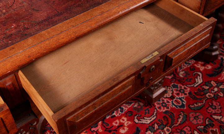 Richard Bridgens Partners Desk oak with original tooled leather top and ornate barley twist legs circa 1820 English design.