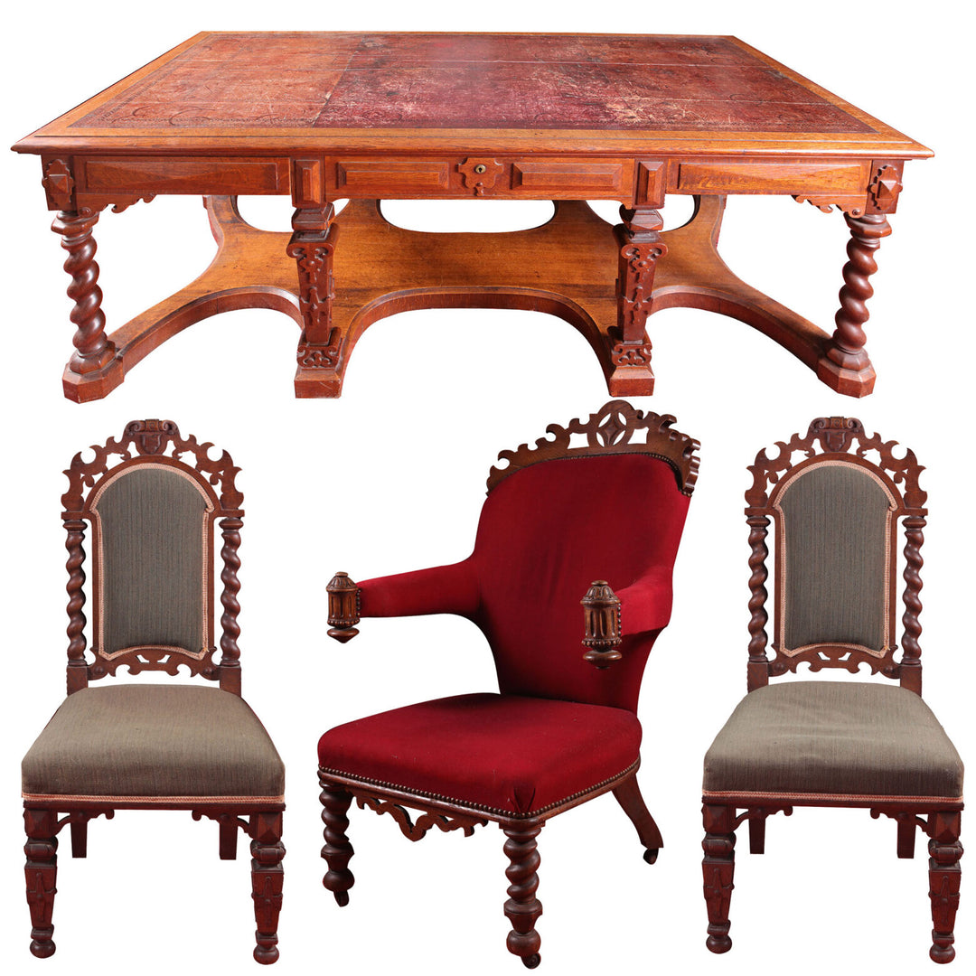 Richard Bridgens Partners Desk in oak with tooled leather top, barley twist legs, and Renaissance-inspired design circa 1820.