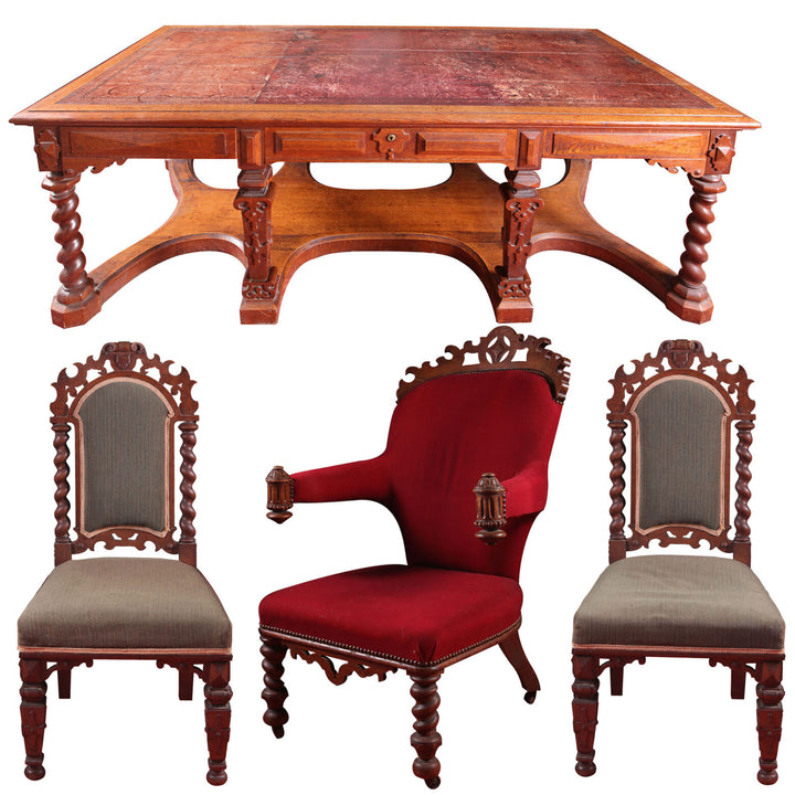 Richard Bridgens Partners Desk in oak with tooled leather top, barley twist legs, and Renaissance-inspired design circa 1820.