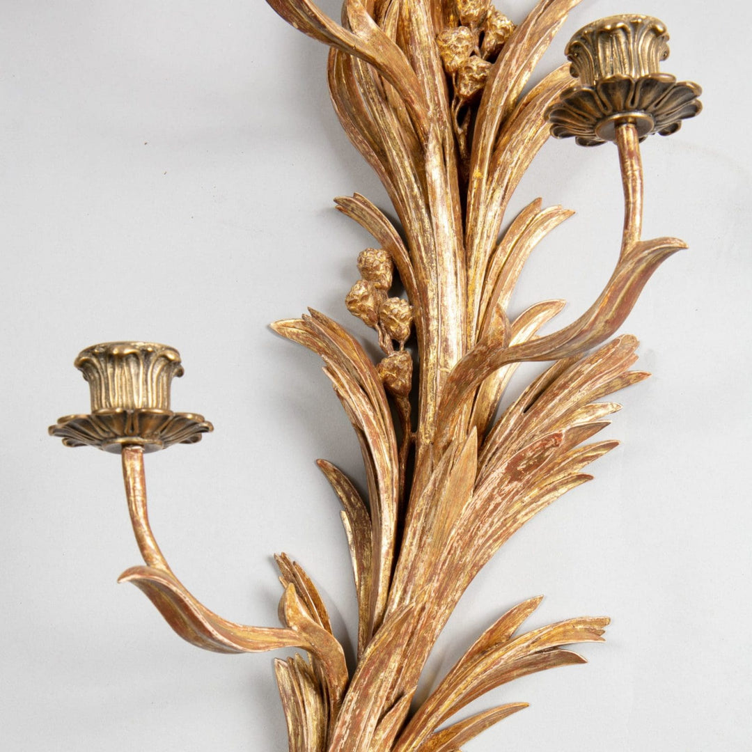 An exceptional pair of carved giltwood wall sconces