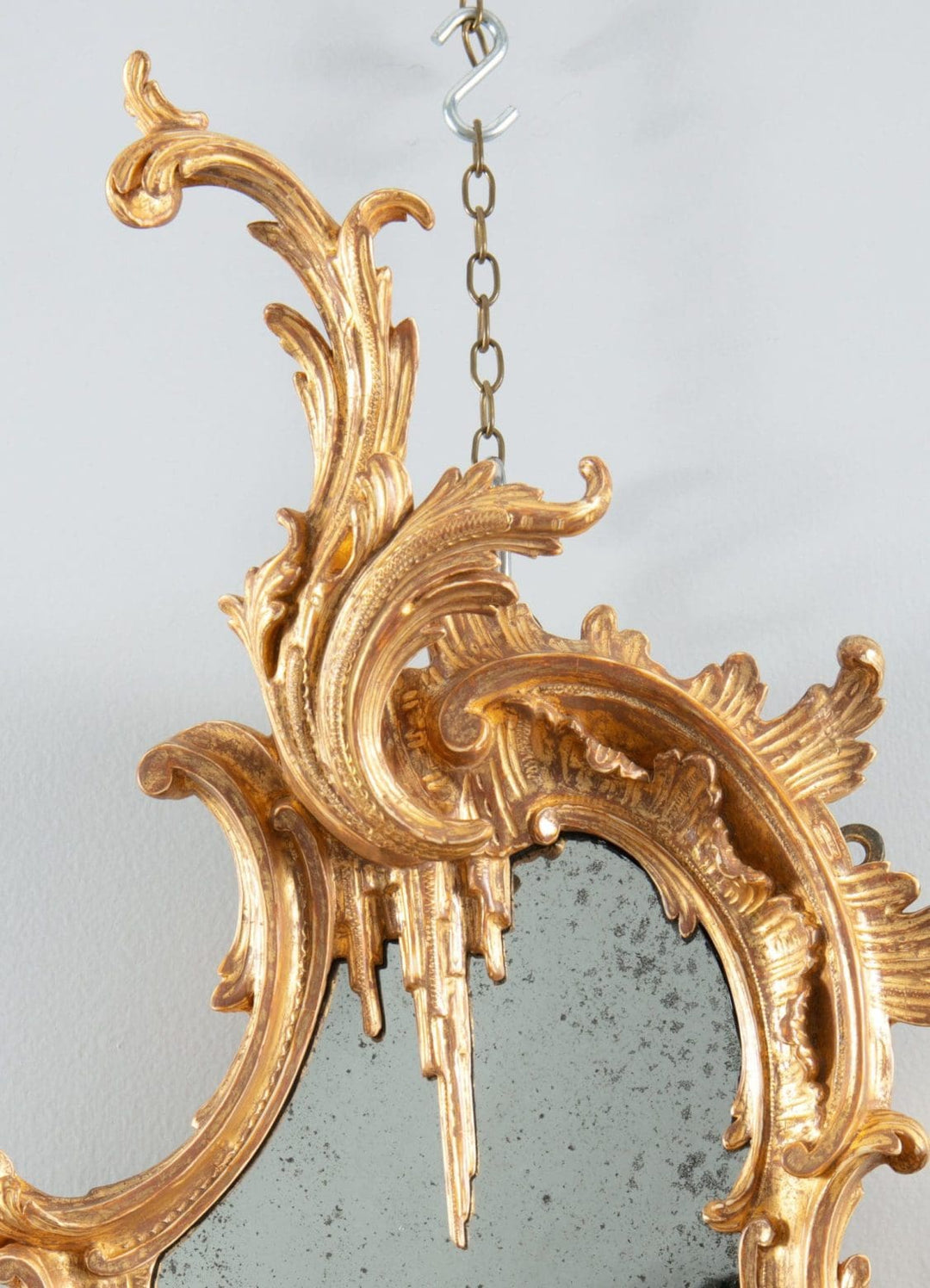 George III Chinese Chippendale Rococo Giltwood Girandole Mirror with intricate scrolls and antique finish.