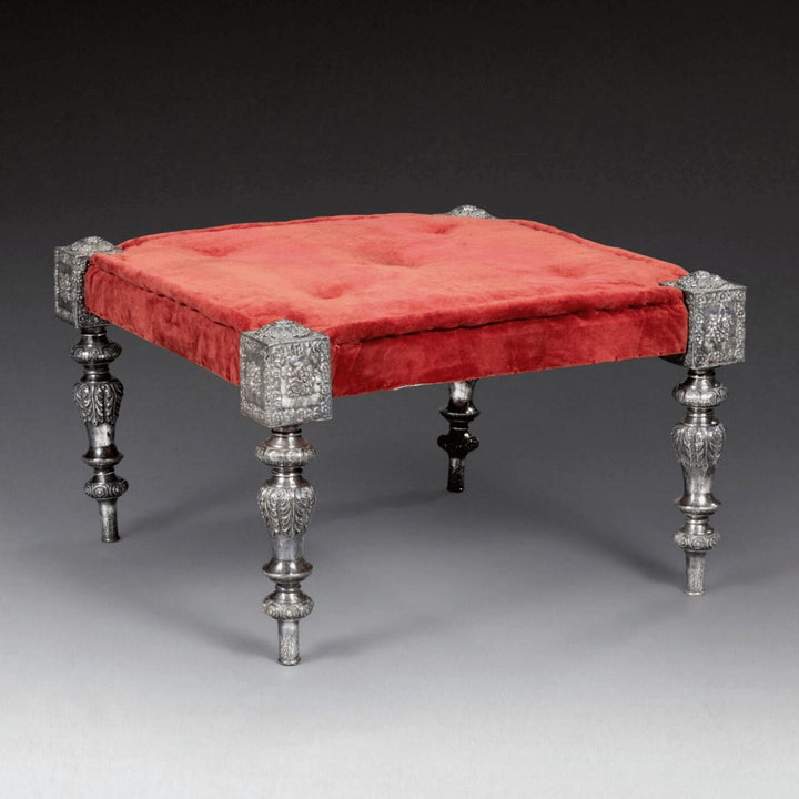 Rajasthani Silver Mounted Upholstered Stool