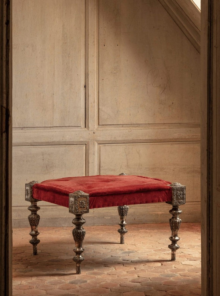 Rajasthani Silver Mounted Upholstered Stool