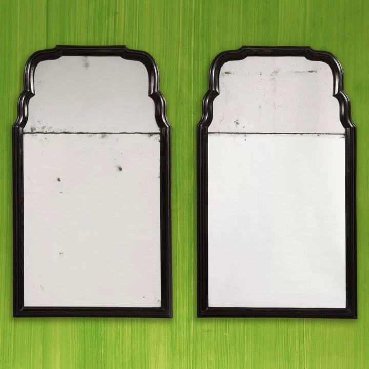 Pair of Queen Anne Style Ebony Pier Mirrors with aged plates, early 18th-century design, solid ebony frame, made to order.