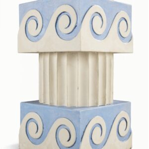 A Pair of Vitruvian Scroll Column Lamps with turned wooden fluted columns and blue scroll ornament cubes.