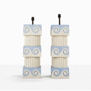 A Pair of Vitruvian Scroll Column Lamps with turned wooden fluted columns and blue scroll ornament accents.