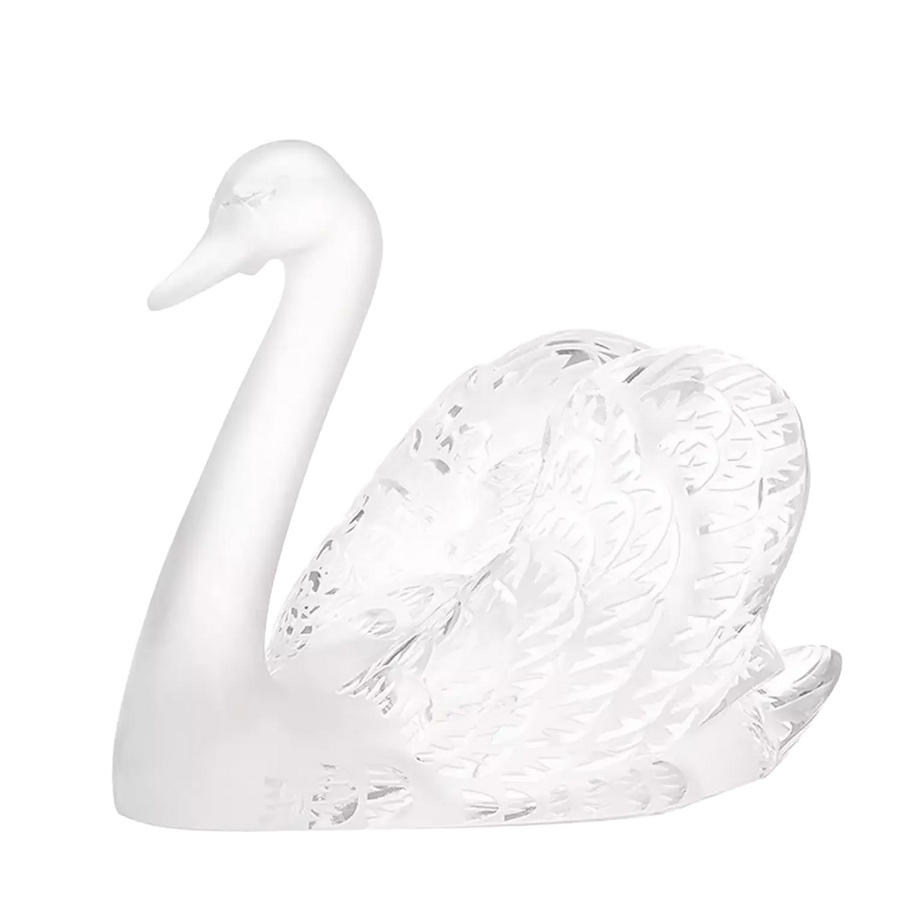 Lalique Head Up Swan crystal sculpture from 1985, elegantly crafted with detailed wings and smooth neck.