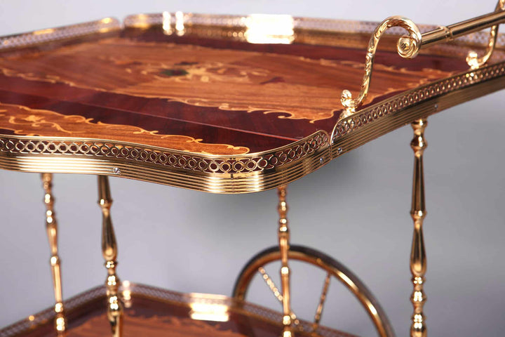 MID CENTURY ITALIAN MARQUETRY DRINKS TROLLEY with polished brass gallery and lathe-turned legs circa 1960 Italian design.