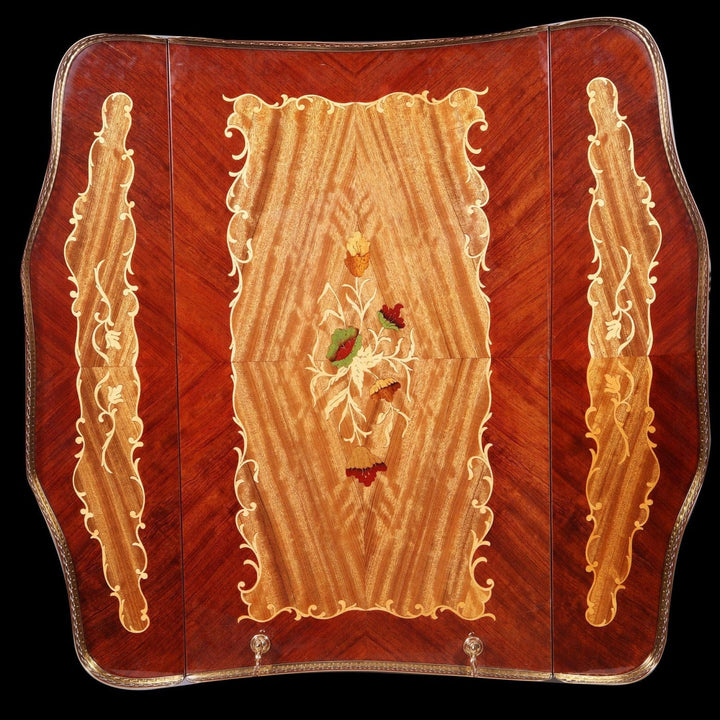 MID CENTURY ITALIAN MARQUETRY DRINKS TROLLEY with inlaid marquetry drop-leaves and polished brass gallery top view