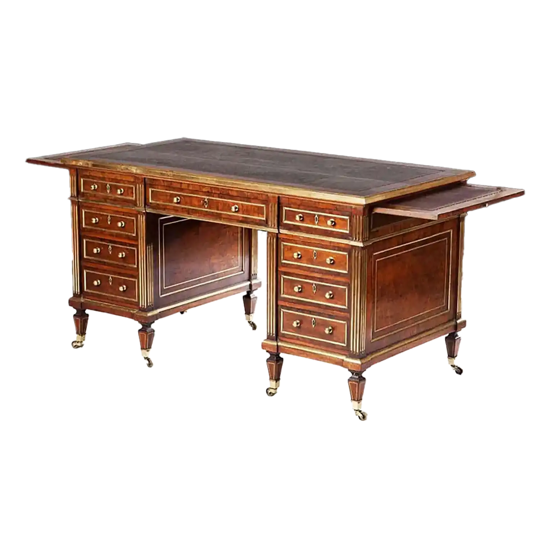 Rich Plum Pudding Mahogany and Brass Bound Pedestal Desk with multiple drawers and brass detailing circa 1870 England.