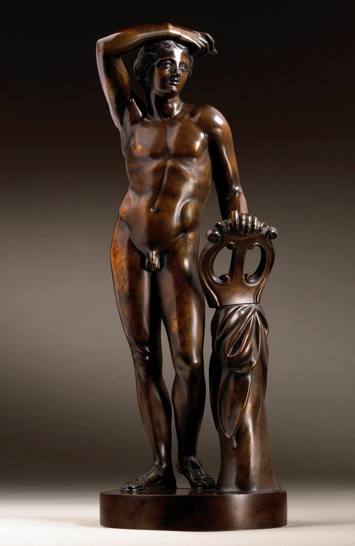 Massimiliano Soldani Benzi bronze sculpture of a nude male figure leaning on a lyre, circa 1720, 32.5 cm tall.