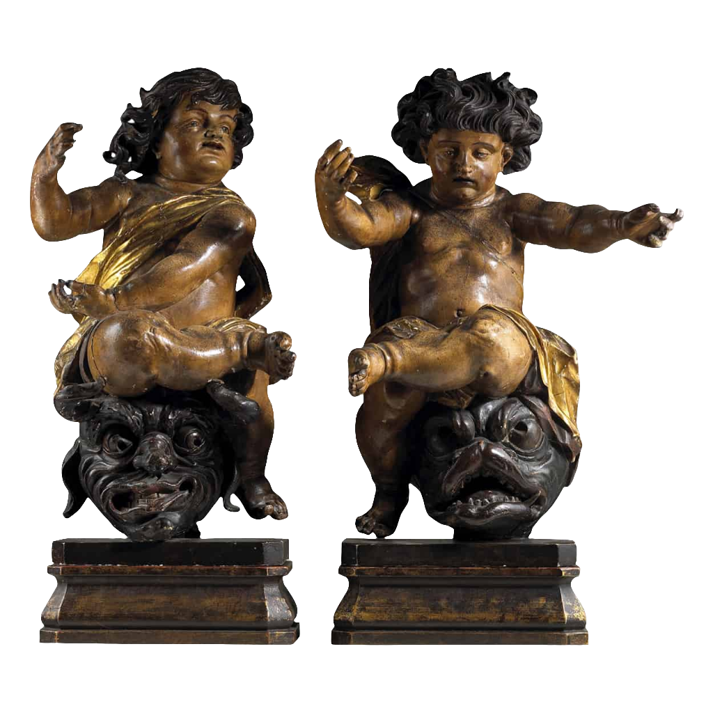 Pair of 17th Century North European Baroque Cherubs carved wooden painted animated triumphant figures circa 1640.