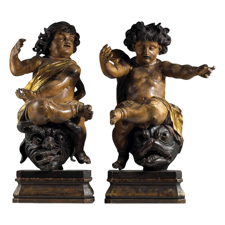 Pair of 17th Century North European Baroque Cherubs carved wooden painted animated triumphant figures circa 1640.