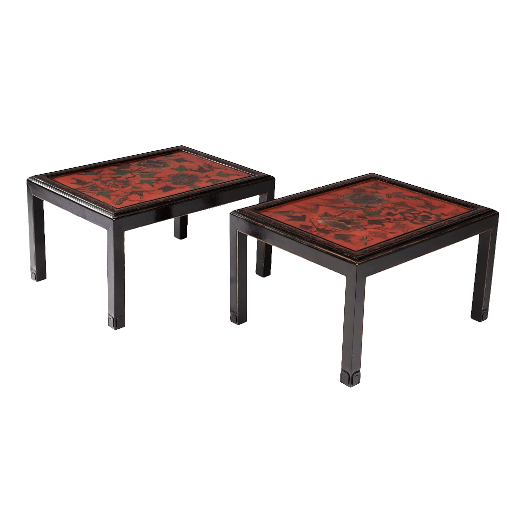 Pair Of Chinese Red Lacquer End Tables with black frames and red lacquer panels featuring birds and foliage.