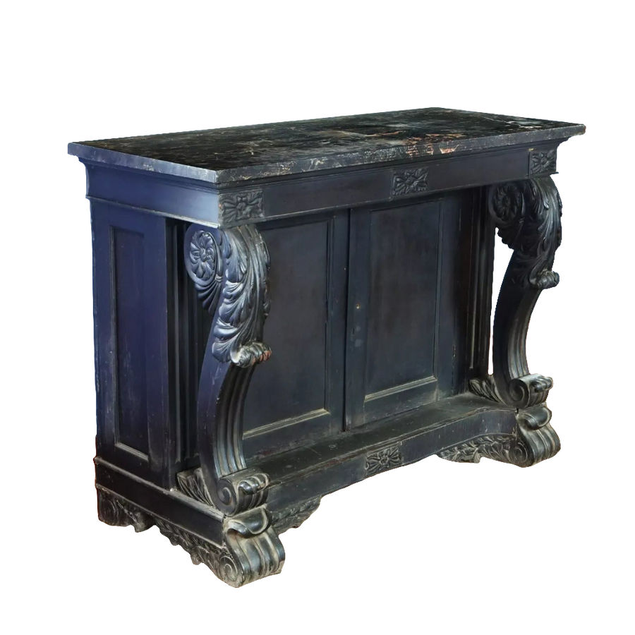 Anglo Indian Ebonised Console Table with Portoro marble top, floral carved details, fluted scrolls, and cupboard doors circa 1850.