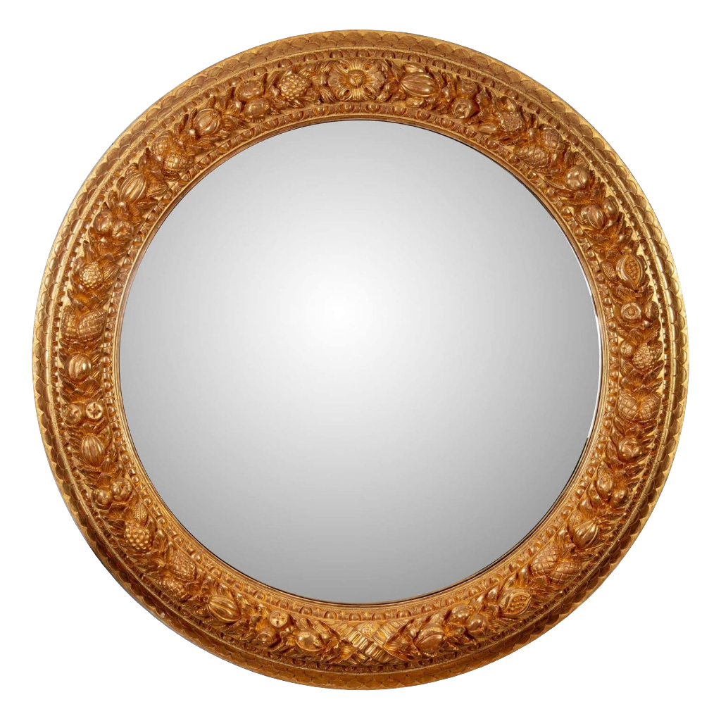 Monumental 5ft Round Italian Mirror with large giltwood frame carved with fruits and foliage, 19th century Italian design.